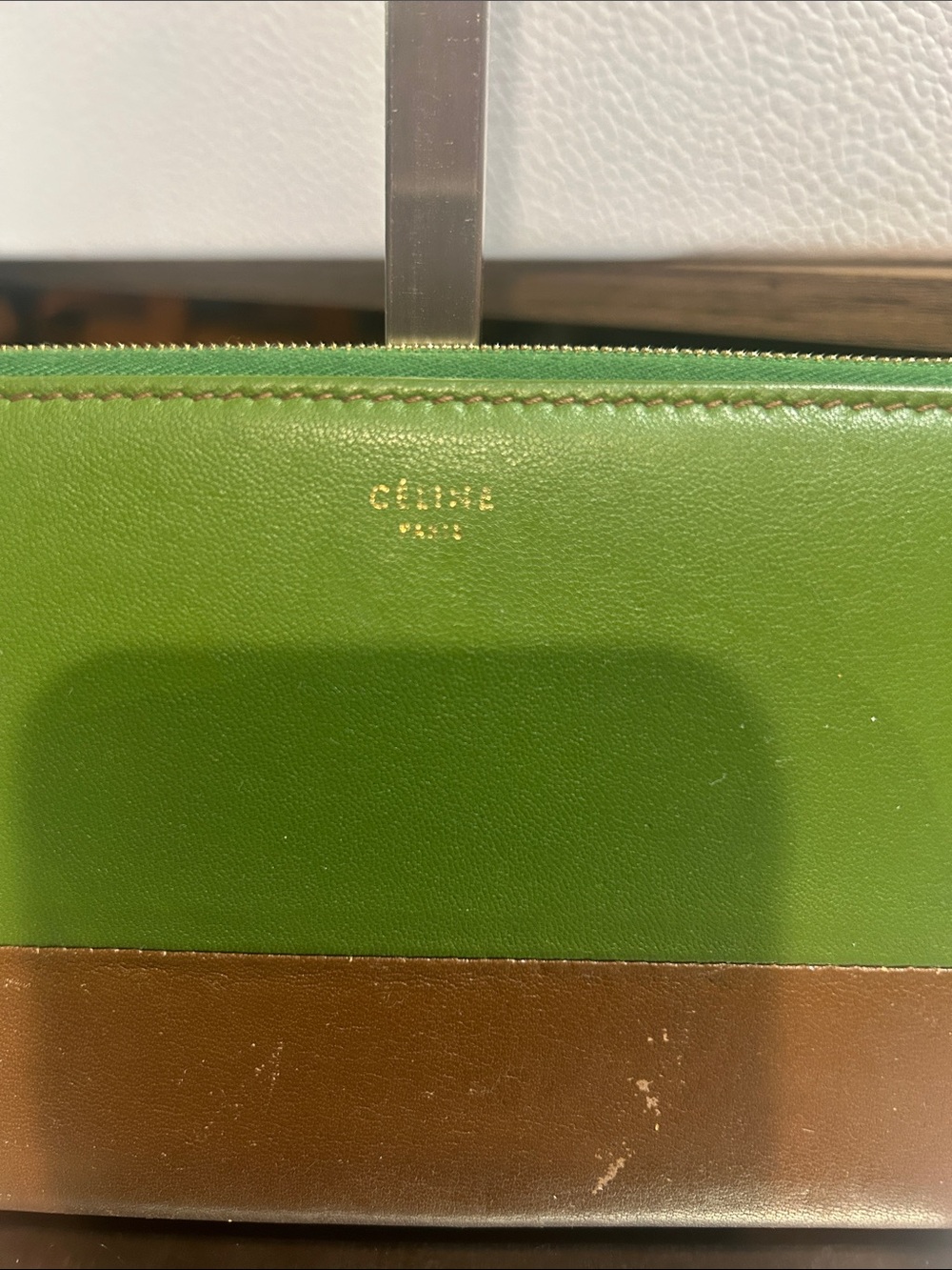 Celine Two-Tone Green and Brown Leather Zip Wallet - Picture 2 of 7